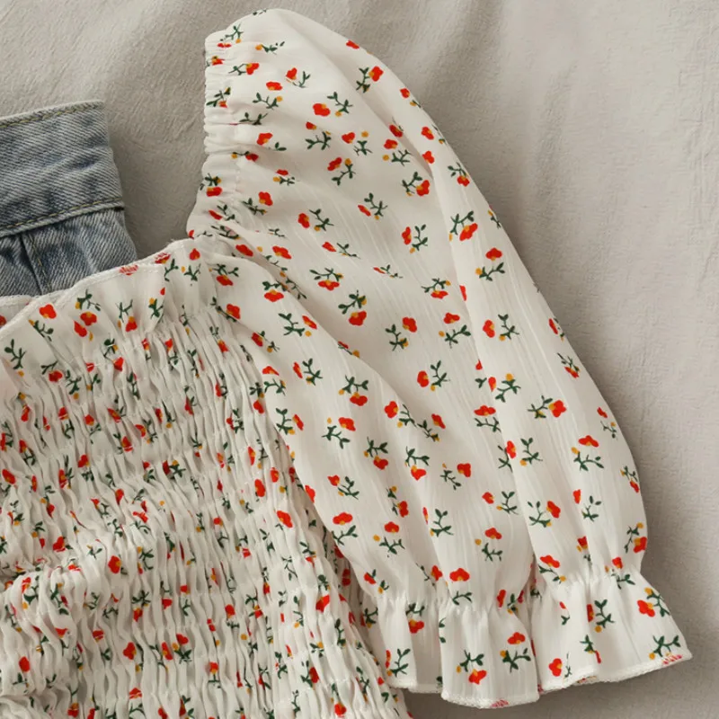 花柄のフリルプリーツブラウス,レディースシャツ,スリム,タイ - Crop Blouse Linen のレビューと価格