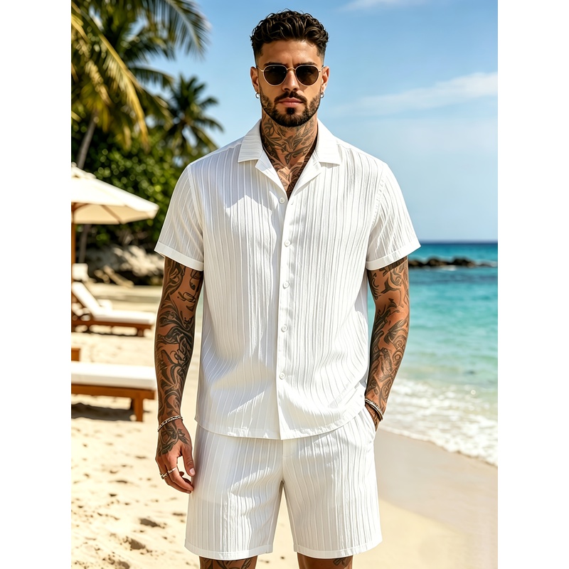 2メンズサマーカジュアルスーツセット、キューバカラーシャツ+ - Summer Clothing Vacation のレビューと価格