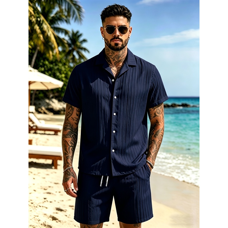 2メンズサマーカジュアルスーツセット、キューバカラーシャツ+ - Summer Clothing Vacation のレビューと価格