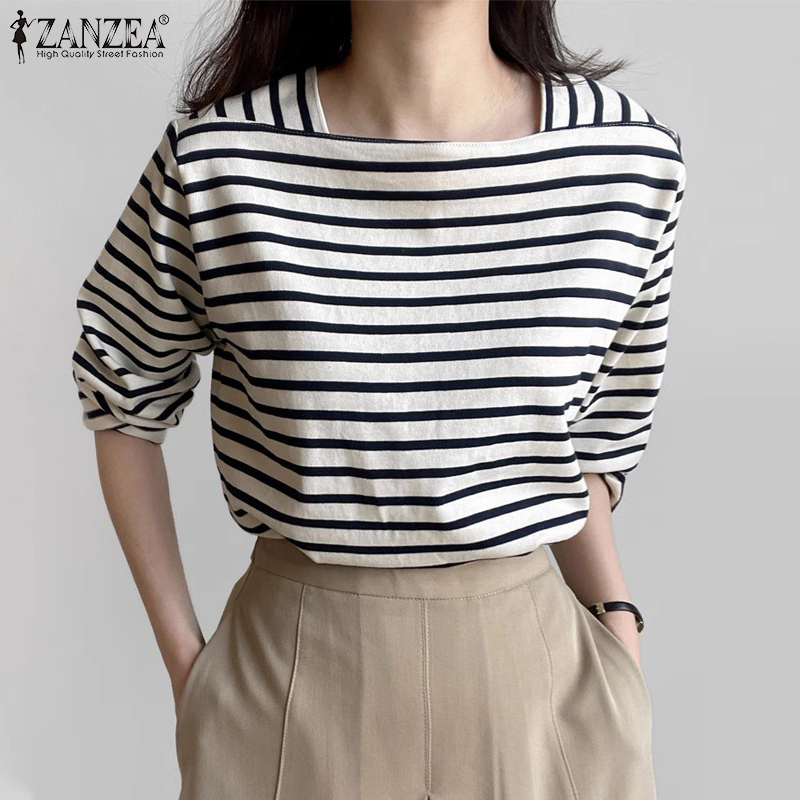 ZANZEA 女性カジュアルストライプブラウス春長袖スクエア - Summer De Clothing のレビューと価格