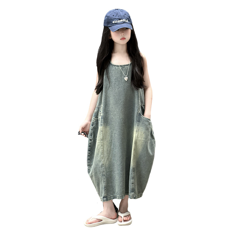 ヴィンテージブルー子供女の子高品質ノースリーブデニムドレスス - Summer Clothing Girls のレビューと価格