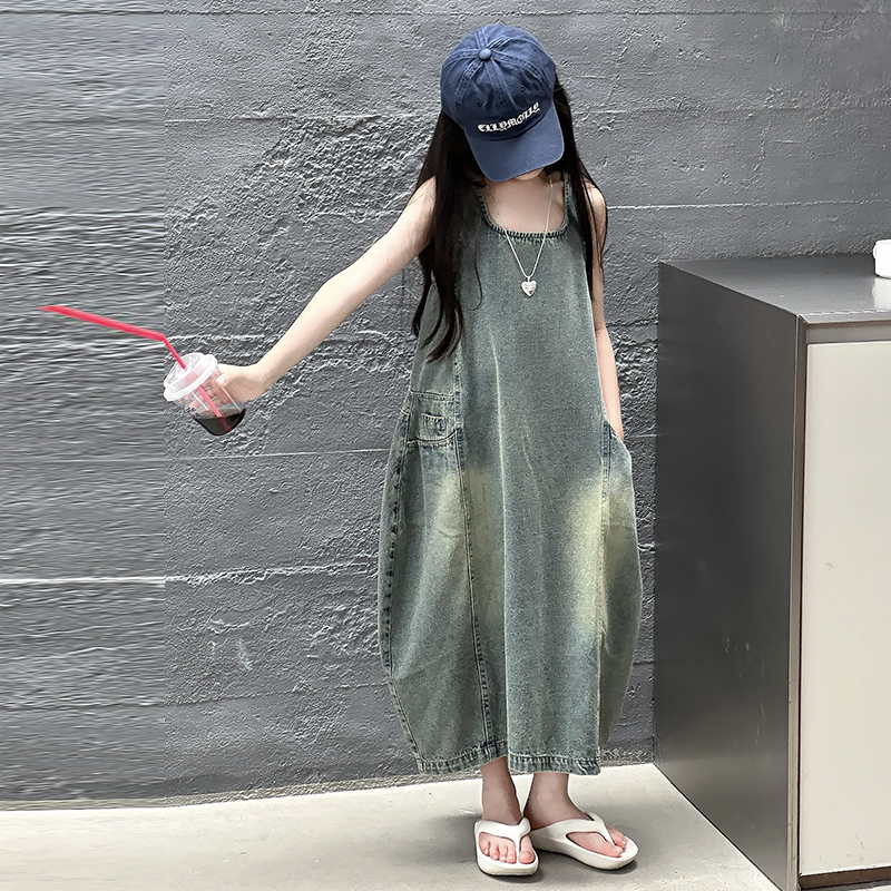 ヴィンテージブルー子供女の子高品質ノースリーブデニムドレスス - Summer Clothing Girls のレビューと価格