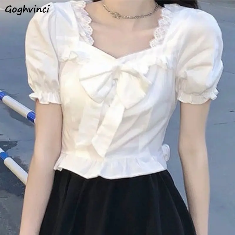 女性用スクエアカラーの白いブラウス,蝶ネクタイデザイン,トレ - Crop Blouse Linen のレビューと価格