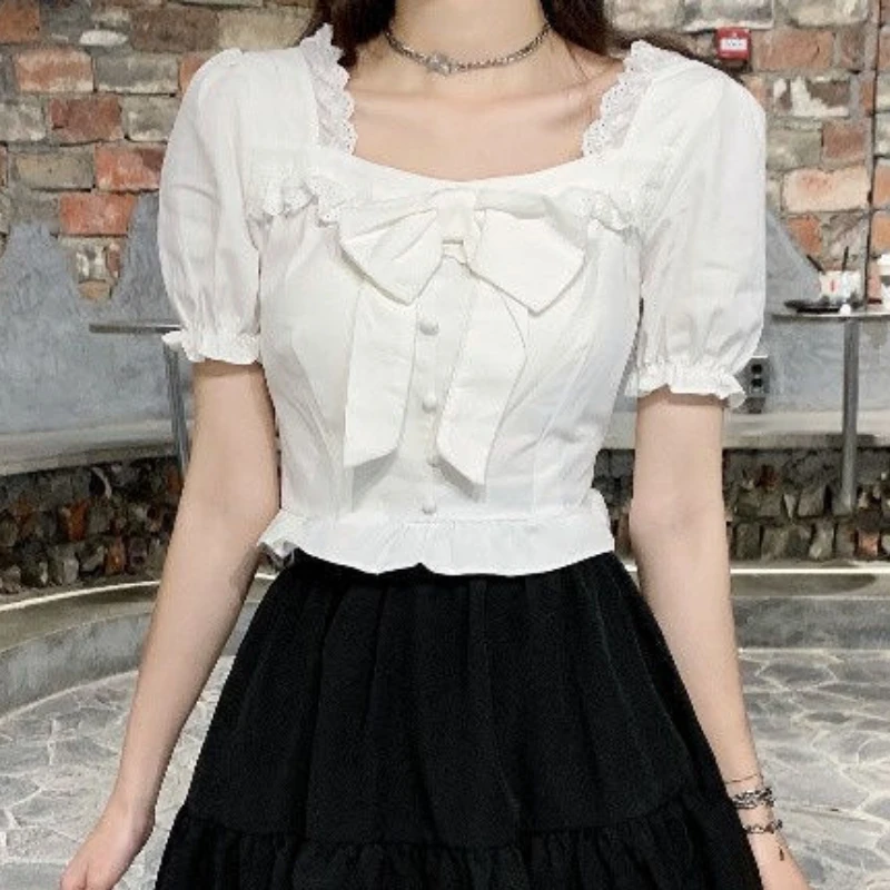 女性用スクエアカラーの白いブラウス,蝶ネクタイデザイン,トレ - Crop Blouse Linen のレビューと価格