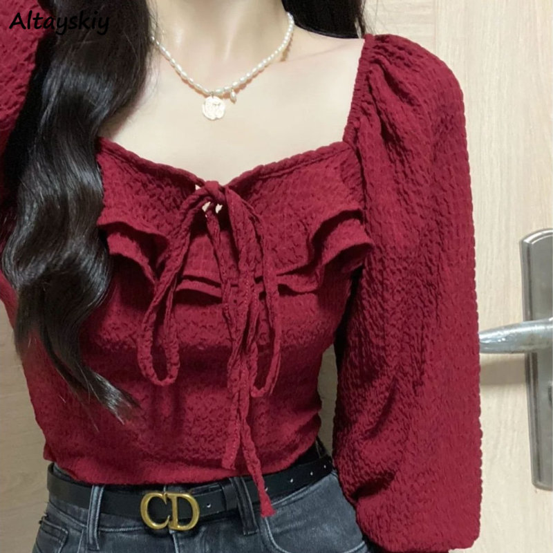 Red Blouses Lace Up Casual Vin - Crop Blouse Linen のレビューと価格