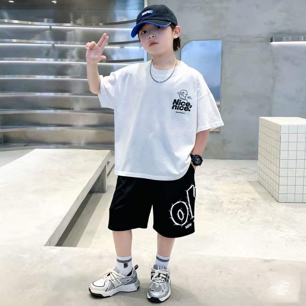 綿素材の夏用ヒップホップボーイズ服セット、Tシャツ+ショート - Summer Clothing Drawing For Kids のレビューと価格