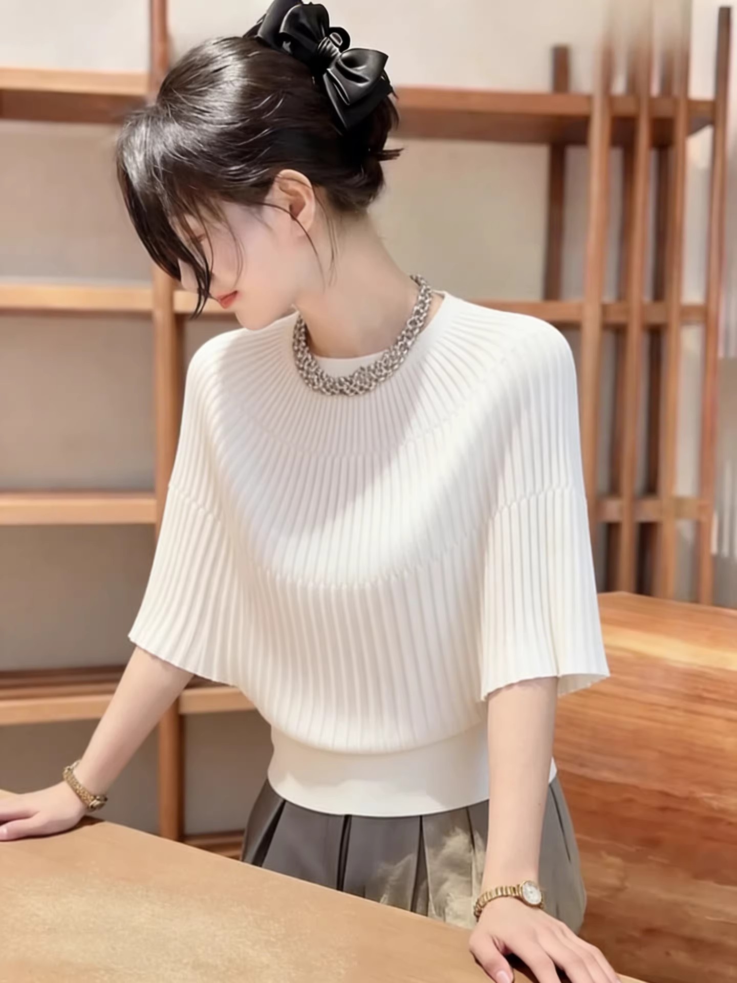 女性服夏 O ネックニットセーター女性プルオーバー新白半袖ニ - Summer Clothing Yarn のレビューと価格