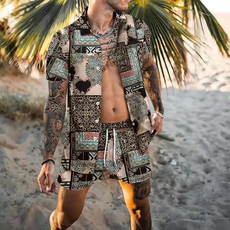 夏の上質メンズシャツセット ココナッツプリント半袖トップス  - Summer Clothing Usa のレビューと価格