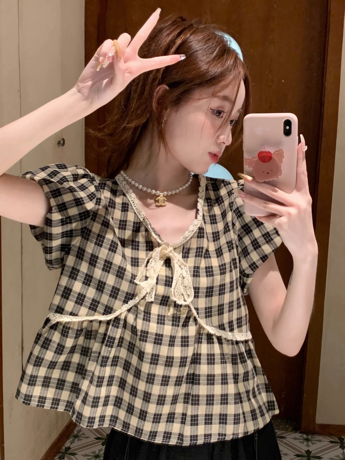 女性用半袖チェッカーシャツ,フレンチスタイルシャツ - Crop Blouse Linen のレビューと価格