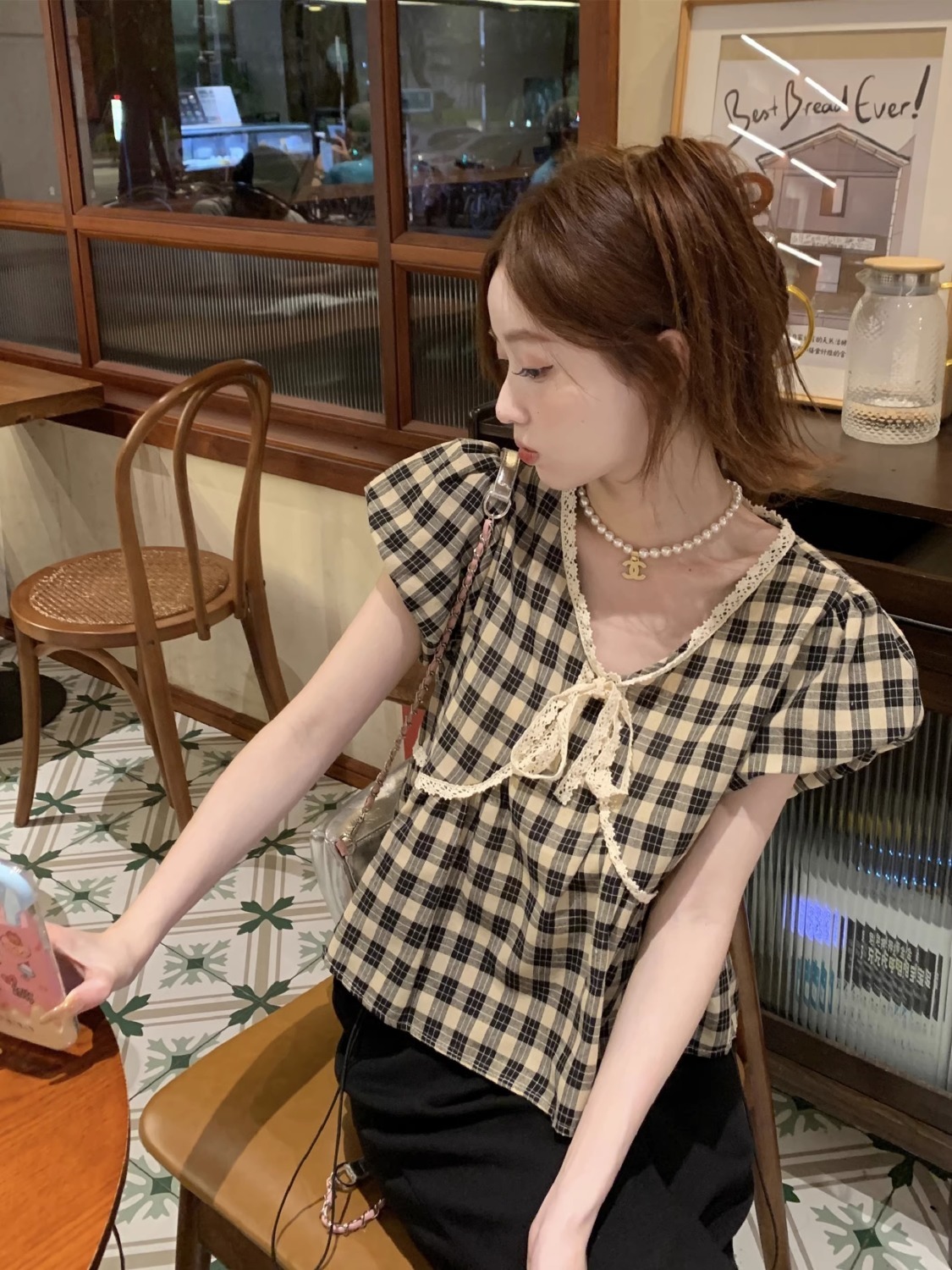 女性用半袖チェッカーシャツ,フレンチスタイルシャツ - Crop Blouse Linen のレビューと価格