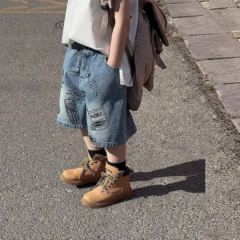 男の子用グラフィティデニムショーツ,子供用カジュアルジーンズ - Summer Clothing Drawing For Kids のレビューと価格