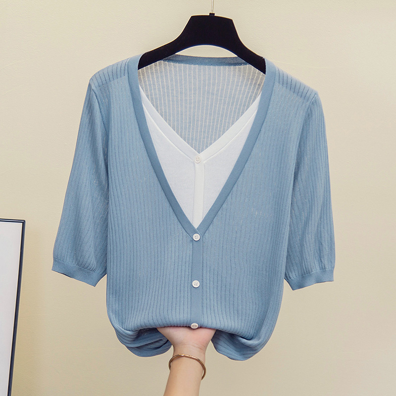 女性用半袖ニットセーター,特大セーター,Vネック,ルーズ,カ - Summer Clothing Yarn のレビューと価格